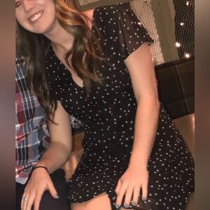 AQUA Black Chiffon Dress with Star Print and Small Button Detail